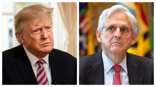 (Left) Former President Donald Trump at his Mar-a-Lago resort in Palm Beach, Fla., on Jan. 31, 2022. (The Epoch Times); (Right) Attorney General Merrick Garland at the Department of Justice in Washington on July 6, 2022.