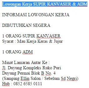 Lowongan Kerja SUPIR KANVASER & ADM