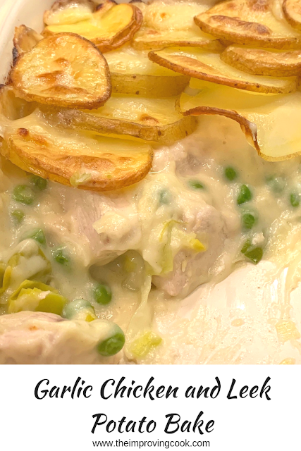 Garlic Chicken and Leek Potato Bake with text overlay