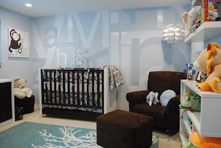 Baby Boy Room Paint Cool baby boy nursery! Dark wood crib with baby blue graphic walls