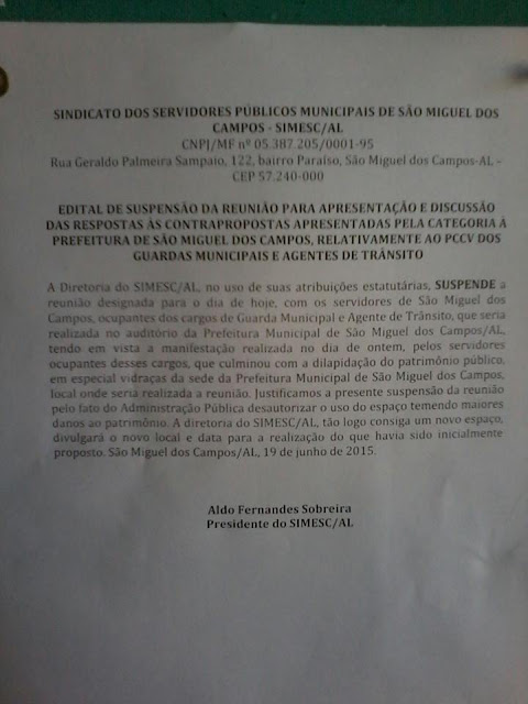 SIMESC ,suspende reunião designada para o dia 19 de Junho, motivos alegado, dilapidação de vidraças da Prefeitura.