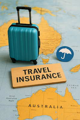 A suitcase with a travel insurance label placed on a map of Australia, symbolizing protection for domestic trips