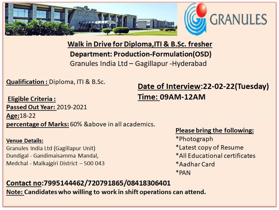 Job Availables,Granules India Ltd Walk-In-Interview For Diploma/ BSc/ ITI