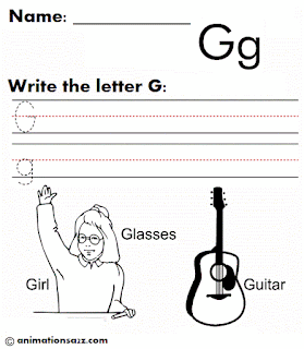 Practice and color letter G- girl, glasses and guitar