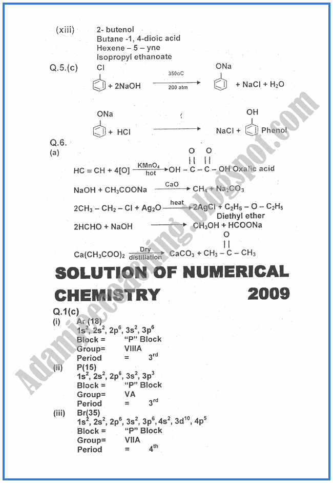 Chemistry-Numericals-Solve-2009-past-year-paper-class-XII