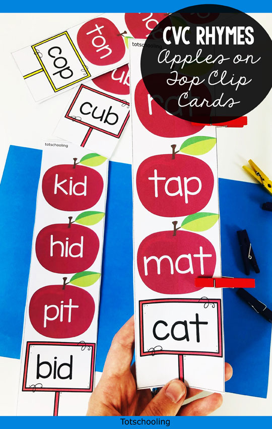 FREE Apple themed CVC rhyming words activity with clothes pins/clips, perfect for kindergarten kids to go along with the book Ten Apples Up on Top.