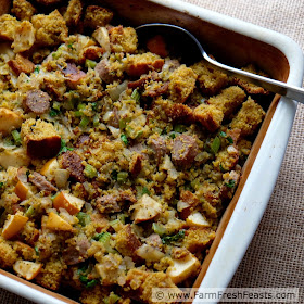 photo of a baking pan of Apple and Sausage Cornbread stuffing