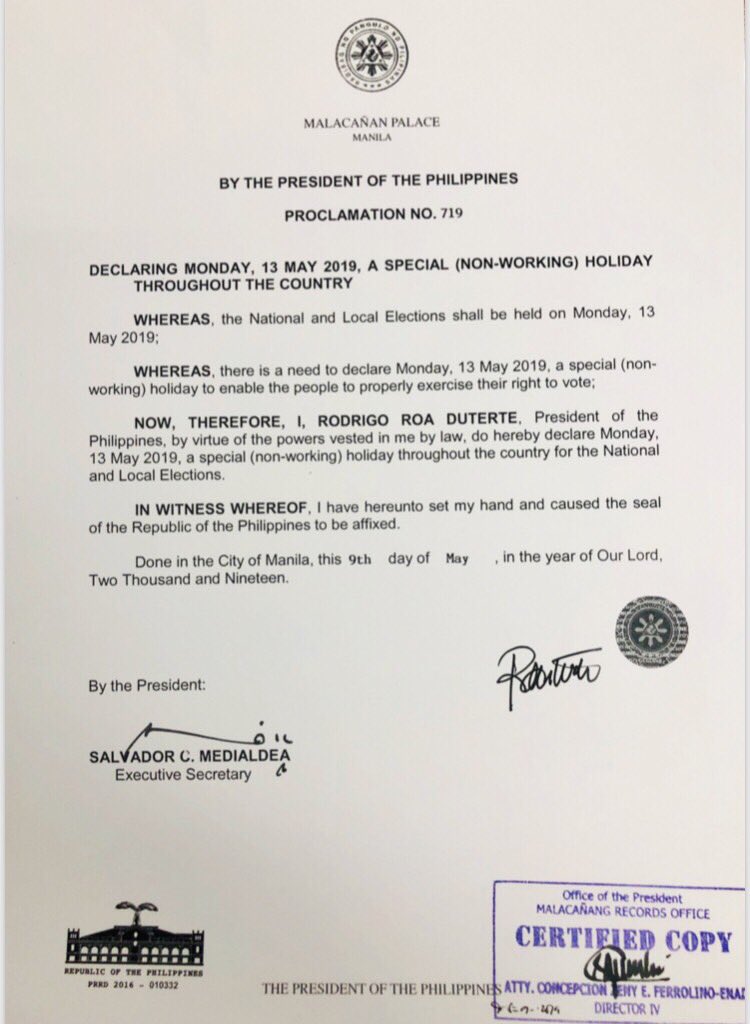 Election 19 Duterte Declares May 13 Special Non Working Holiday The Summit Express
