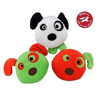 Picture of 3 dog toys; they are cute puppy faces in the color of red, green & white