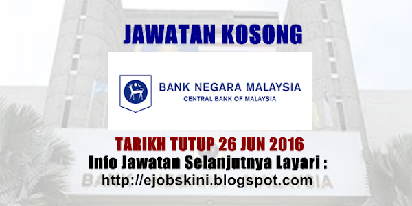 Jawatan Kosong Bank Negara Malaysia (BNM) - 26 Jun 2016 