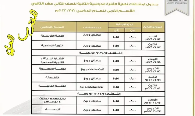 جدول اختبارات الثاني عشر أدبي 2022