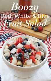 Food Lust People Love: Not so much of a recipe as a way to add flavor and sweetness, the flavored alcohol makes this boozy red white and blue fruit salad a great adult treat at any summer picnic. #SundaySupper