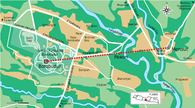 Candi Borobudur, Candi pawon dan Candi Mendut yang terletak pada satu garis lurus
