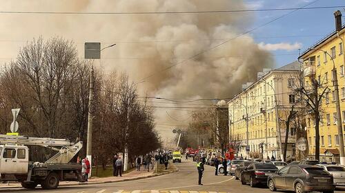 A fire at the Russian Aerospace Forces' Central Scientific Research Institute in Tver in April, via TASS.