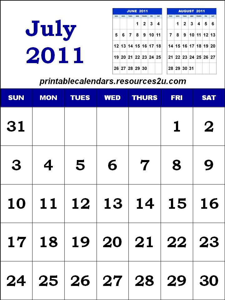 printable calendars july. Printable Calendar 2011
