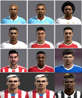 Faces: Martial, Griezmann, Danilo, Fernandinho, Pelle, Bellerin, Huntelaar, Marcelo, Ozil, Pogba, Pes 2013