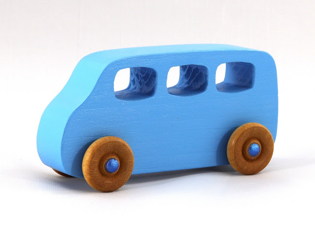 Wood Toy Minivan, Handmade and Finished with Baby Blue and Metallic Blue Acrylic Paint and Amber Shellac, Play Pal Series