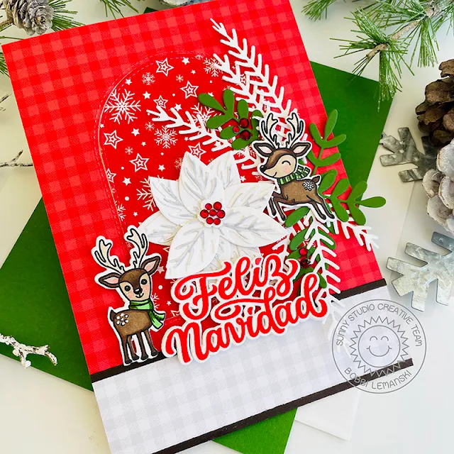 Sunny Studio Stamps: Feliz Navidad Holiday Card by Bobbi Lemanski (featuring Reindeer Games, Winter Greenery, Pristine Poinsettia Dies, Stitched Arch Dies)