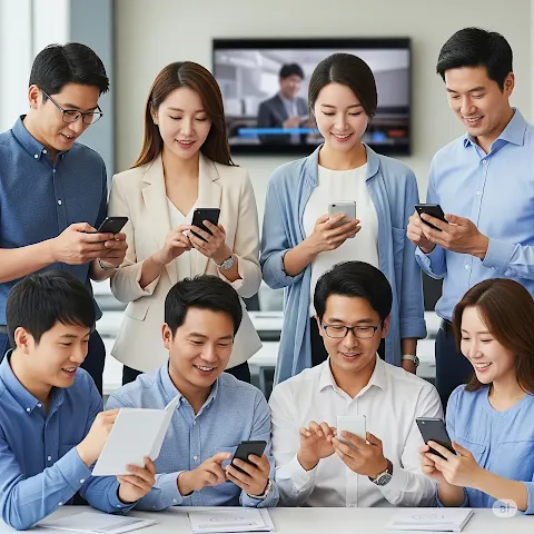 지방공기업평가원 이러닝센터를 모바일로 이용 중인 임직원 모습