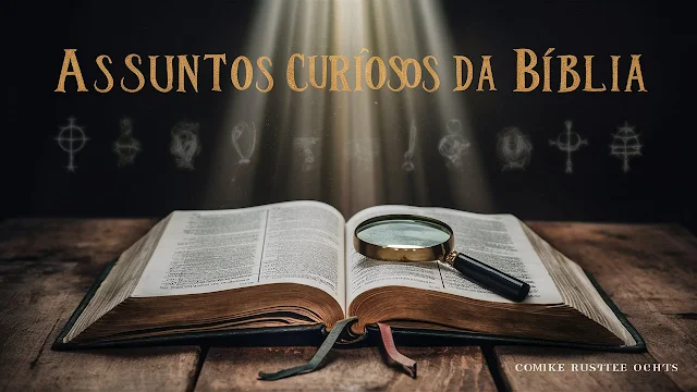 Uma colagem de ícones representando temas curiosos, como ciência, história e religião, simbolizando a diversidade dos assuntos abordados na Bíblia.