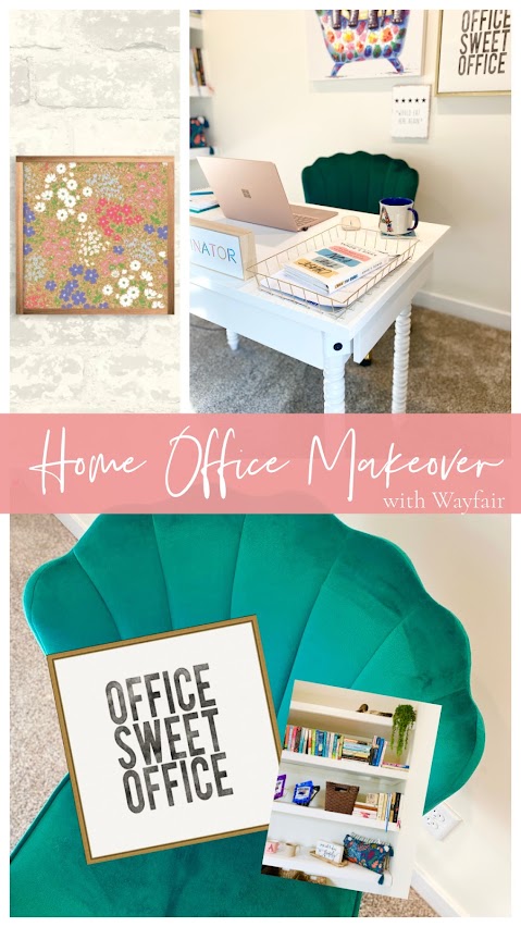 Collage of home office with white desk, green chair and wall art.