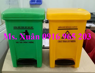 Thùng rác 25 lít xanh, vàng bệnh viện có logo y tế