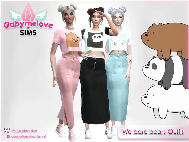 Sims 4 CC | Clothing: We bare bears (Escandalosos) long skirt Outfit for women | Ropa, falda larga, camiseta, sport, algodón, cotton, dress, conjunto, mujer, femenino, contenido personalizado, custom content, mod, mods