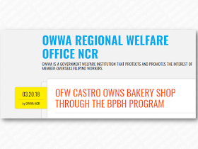 A former overseas Filipino worker (OFW) who was sent home from Jeddah, Mr. Castro availed of the Balik Pinas! Balik Hanapbuhay Program, a program aiming to provide OWWA members, active or non-active, financial assistance as immediate relief to returning displaced OFWs due to war, political conflicts, policy reform controls, or changes by the host government. Victims of illegal recruitment, human trafficking, and other distressful situations are also given assistance under the program.  Advertisement       Sponsored Links       Mr. Fernando Castro, a beneficiary of the Balik Pinas! Balik Hanapbuhay! Program visited the Overseas Workers Welfare Administration Regional Welfare Office – National Capital Region (OWWA RWO – NCR) to show with pride his new business and express his gratitude to OWWA for the opportunity to engage in a small business last 22 December 2017.  Formerly an OFW who worked in Riyadh, Kingdom of Saudi Arabia, Mr. Castro was one of many workers who were sent home because his company is one of the companies that suffered financial losses severely due to prevailing economic condition in the Kingdom of Saudi Arabia (KSA). The closing of his company left him without his daily earnings for many months. He was also among those OFWs who sought assistance from the Department of Foreign Affairs (DFA), Philippine Overseas Labor Office (POLO) and OWWA for settlement of their unpaid salaries. Since he could no longer wait for the settlement of his unpaid wages and other benefits, he decided to be repatriated to the Philippines.  In October 2017, the program was improved by increasing the amount of financial assistance from P10,000 to P20,000 to ensure that the cash assistance is sufficient as a start-up capital for livelihood projects of beneficiaries. It also gives them the responsibility to use the cash assistance in purchasing the required goods, equipment and other implements for the type of business they would like to engage in.        Read More:  Former OFW In Dubai Now Earning P25K A Week From Her Business Top Search Engines In The Philippines For Finding Jobs Abroad    5 Signs A Person Is Going To Be Poor And 5 Signs You Are Going To Be Rich    Tips On How To Handle Money For OFWs And Their Families    How Much Can Filipinos Earn 1-10 Years After Finishing College?   Former Executive Secretary Worked As a Domestic Worker In Hong Kong Due To Inadequate Salary In PH    Beware Of  Fake Online Registration System Which Collects $10 From OFWs— POEA     Is It True, Duterte Might Expand Overseas Workers Deployment Ban To Countries With Many Cases of Abuse?  Do You Agree With The Proposed Filipino Deployment Ban To Abusive Host Countries?    ©2018 THOUGHTSKOTO  www.jbsolis.com