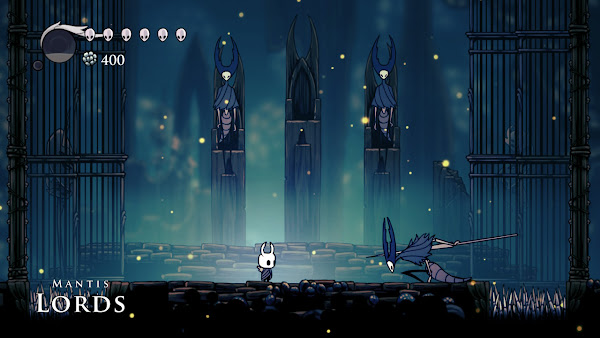 Screen Shot: The knight fights one of the Mantis Lords, while the other two look on from their thrones.