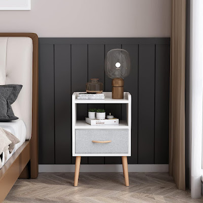 White Minimalist NightStand with Fabric Drawer