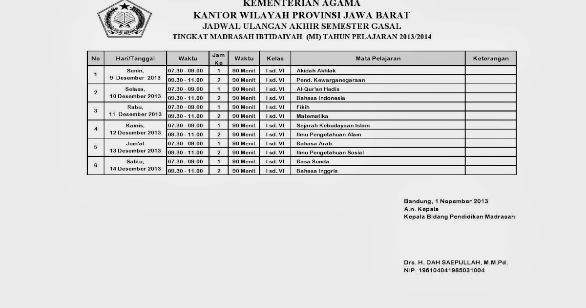 MADRASAH IBTIDAIYAH NURUL FATAH ARJASARI : JADWAL SEMESTER GANJIL MI