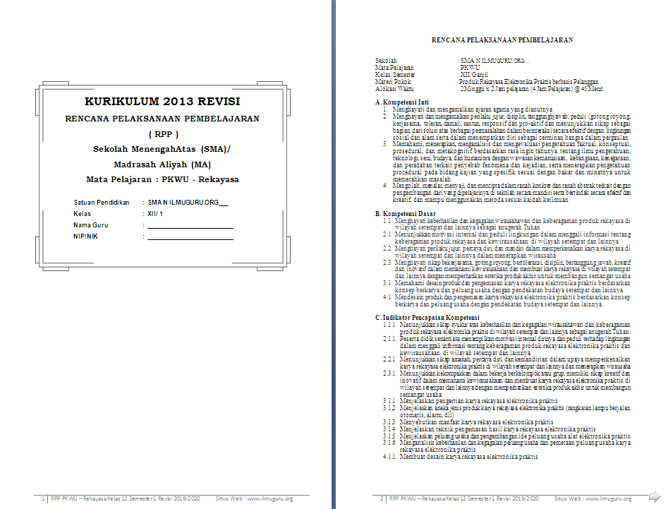 RPP 1 Lembar Prakarya & Wirausaha (Aspek Rekayasa) Kelas 12 SMA/MA