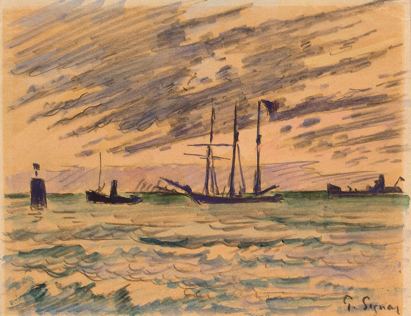 Harbor with Sailboat, Tugboat, and Barge by Paul Signac - Landscape Drawings from Hermitage Museum
