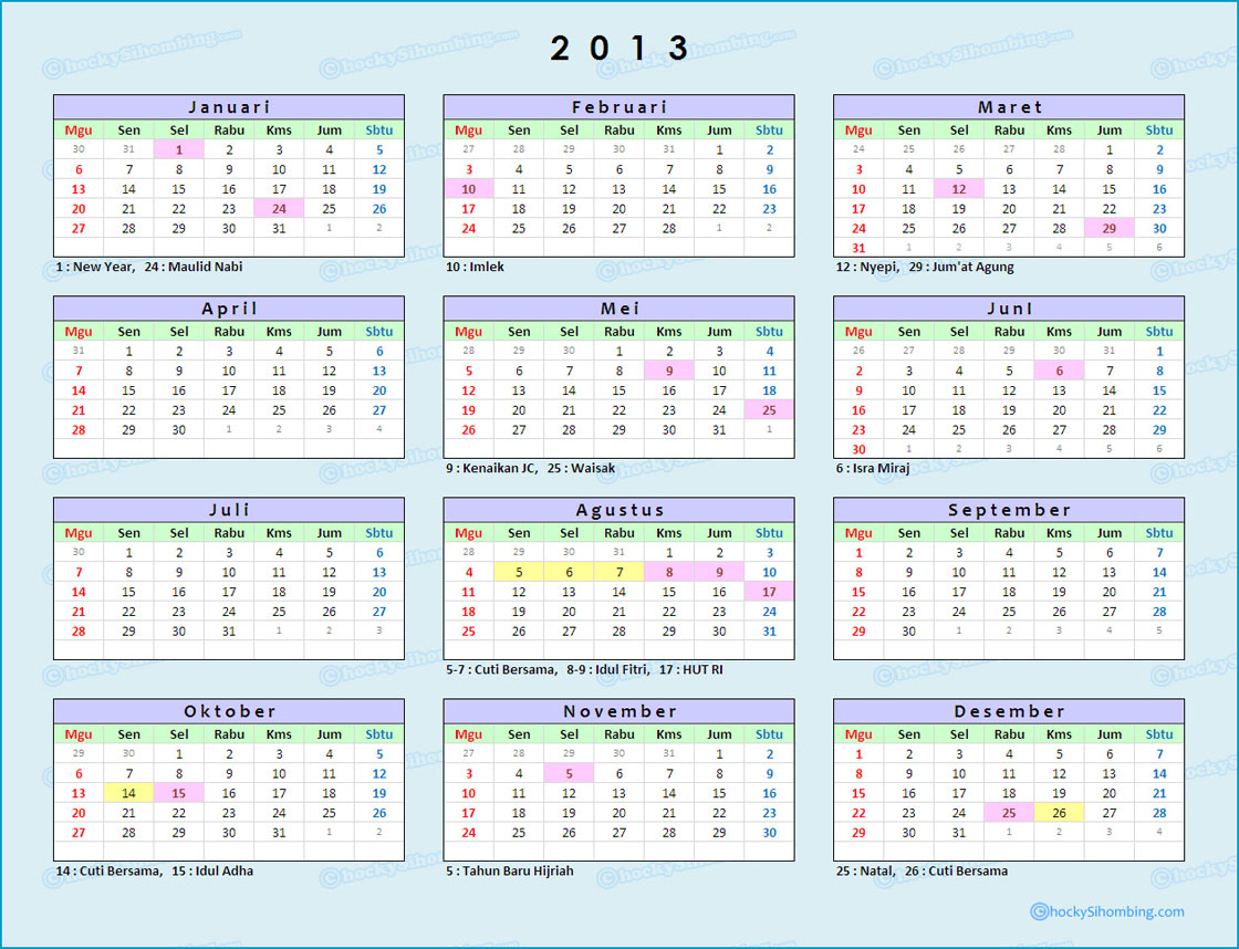 Kalender 2013 dan Hari libur Nasional Indonesia 2013 