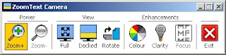 IMage showing the Camera toolbar that appears when you are in a docked view with the camer feature active. This toolbar gives you quick mouse access to options such as colour, docked/full and zooming in and out.