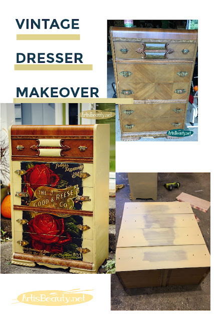 VINTAGE DRESSER MAKEOVER USING PRIMA DESIGNS ADVERTISEMENT COLOR TRANSFER AND SOMERSET GOLD GENERAL FINISHES MILK PAINT KARIN CHUDY DIY