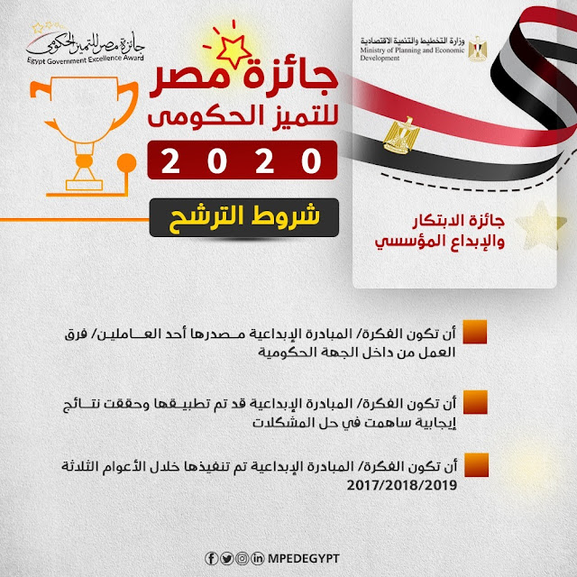 وزارة التخطيط والتنمية الاقتصادية تعلن شروط الترشح لجائزة مصر للتميز الحكومي  