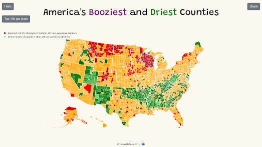 chorpleth map of USA showing levels of excessive drinking in each state