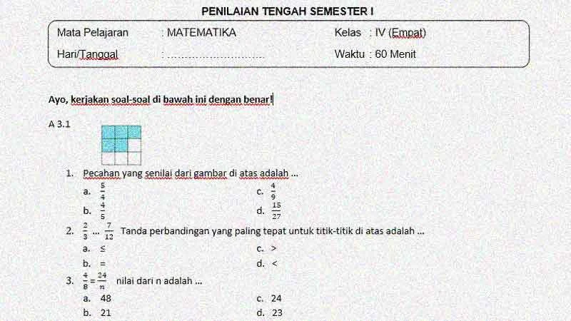 Soal Latihan Penilaian Tengah Semester 1 Matematika Kelas 4