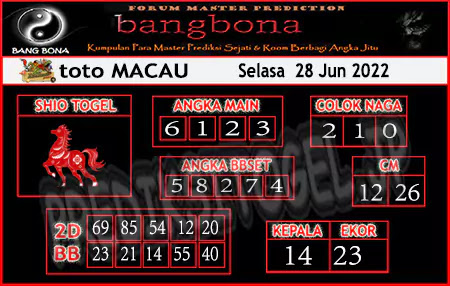 Prediksi Bangbona Toto Macau Selasa 28 Juni 2022