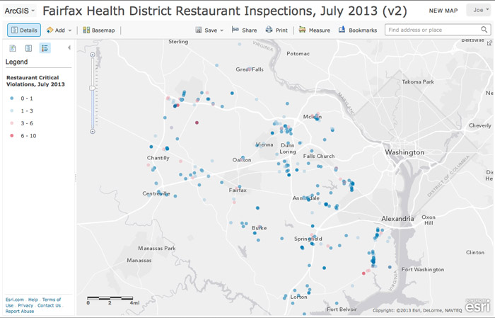 Screenshot of an interactive map showing the results of 334 Fairfax County restaurant inspections in July 2013.