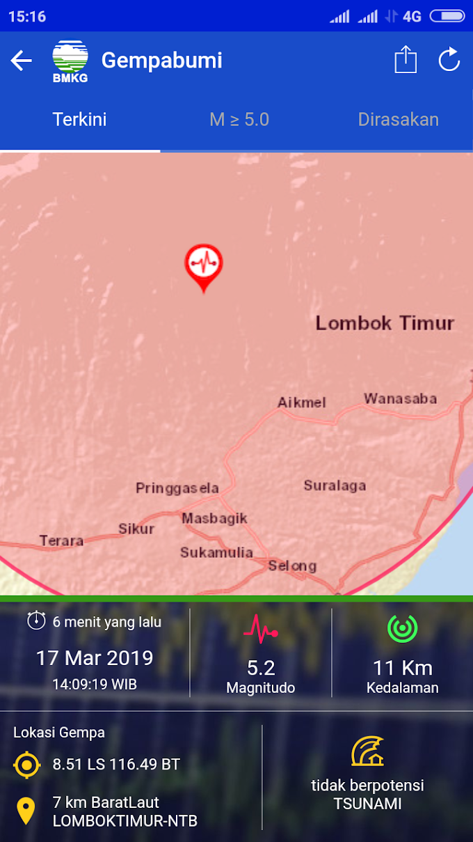 Gempa Beruntun 5,8 dan 5,2 SR Guncang Lombok