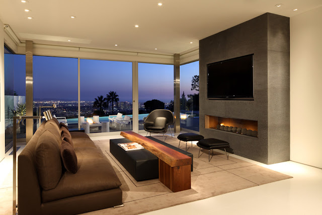 Living room and fireplace with the view 