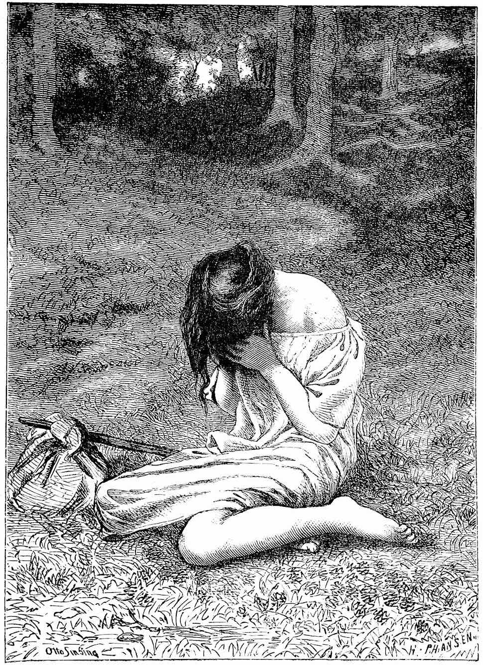 a Peter Christen Asbjørnsen 1919 illustration of a travelling poor girl crying