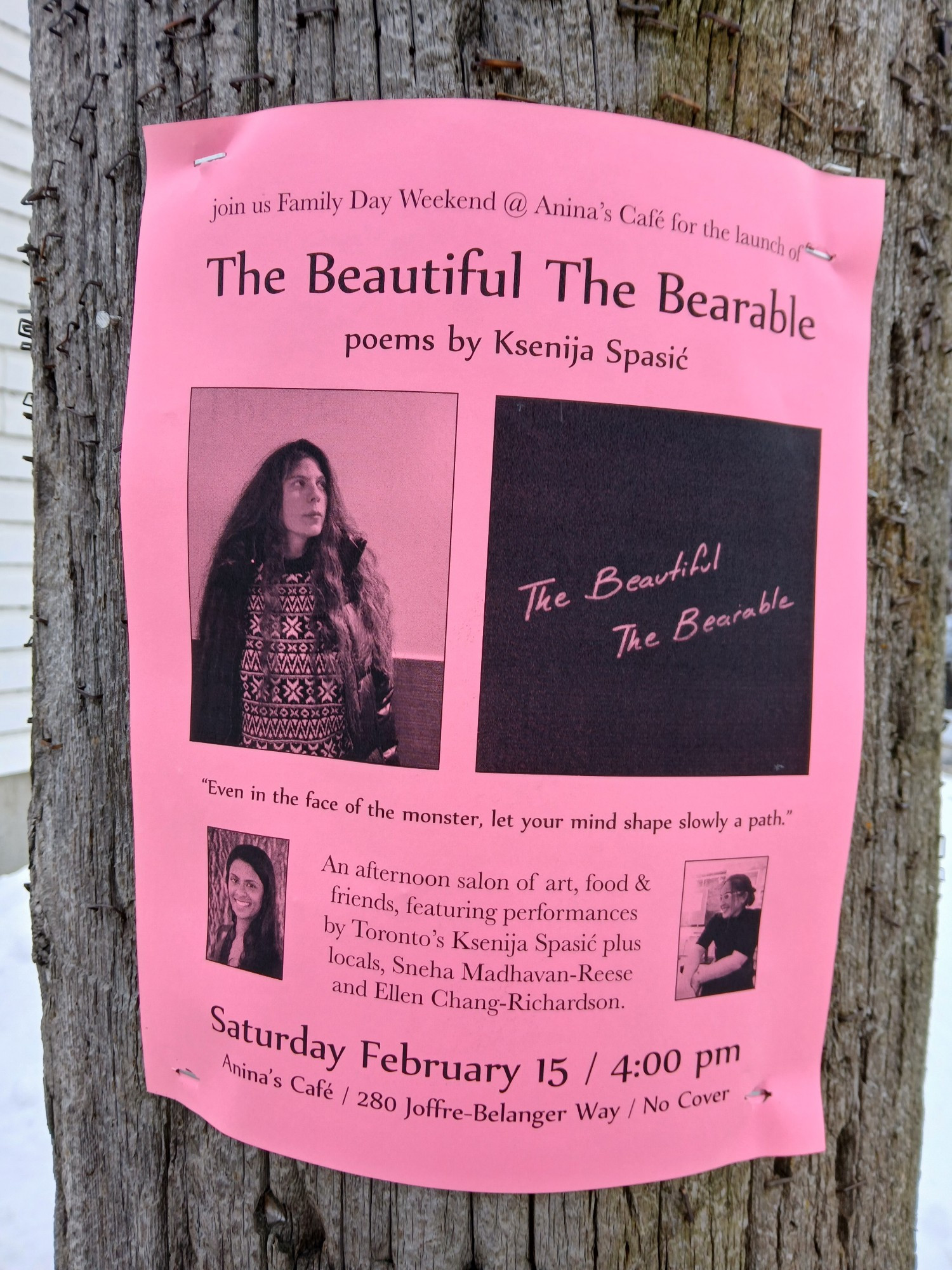 Poster for The Beautiful The Bearable poems by Ksenija Spasic, Family Day Weekend @ Anina's Cafe.