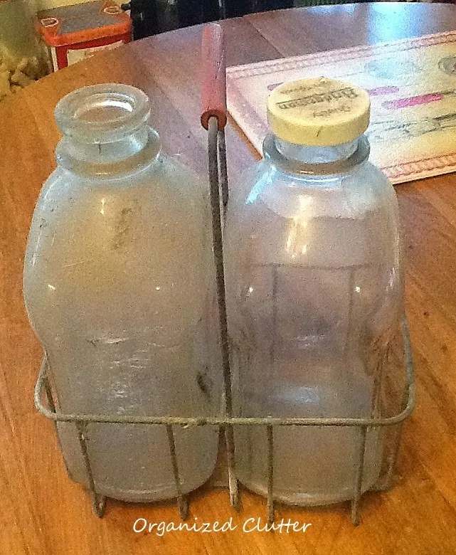 Vintage Milk Bottles & Carrier www.organizedclutterqueen.blogspot.com