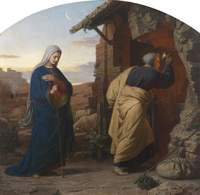 "Maria e José buscam um refúgio para o parto" (em alemão: "Am Abend vor Christi Geburt") - pintura de 1869 por Michael Rieser (1828-1905). Imagem de domínio público.