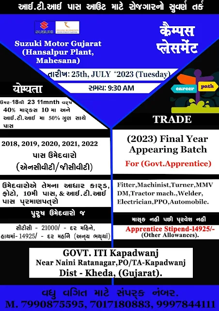 ITI Jobs and Apprentice Campus Placement 2023 in Gujrat for Suzuki Motor Gujarat Private Limited at Government ITI Kapadwanj, Dist-Kheda, Gujarat