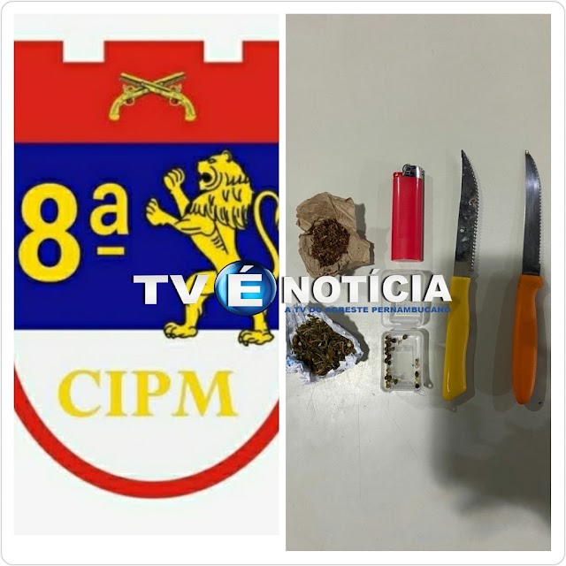 HOMEM E DETIDO POR PORTE ILEGAL DE ARMA BRANCA E POSSE ILEGAL DE ENTORPECENTE NA CIDADE DE SANHARÓ